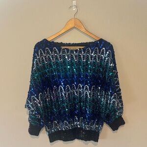 VINTAGE ANN GREEN ENGLAND Shades of Blue Sequin Blouse Size Large
